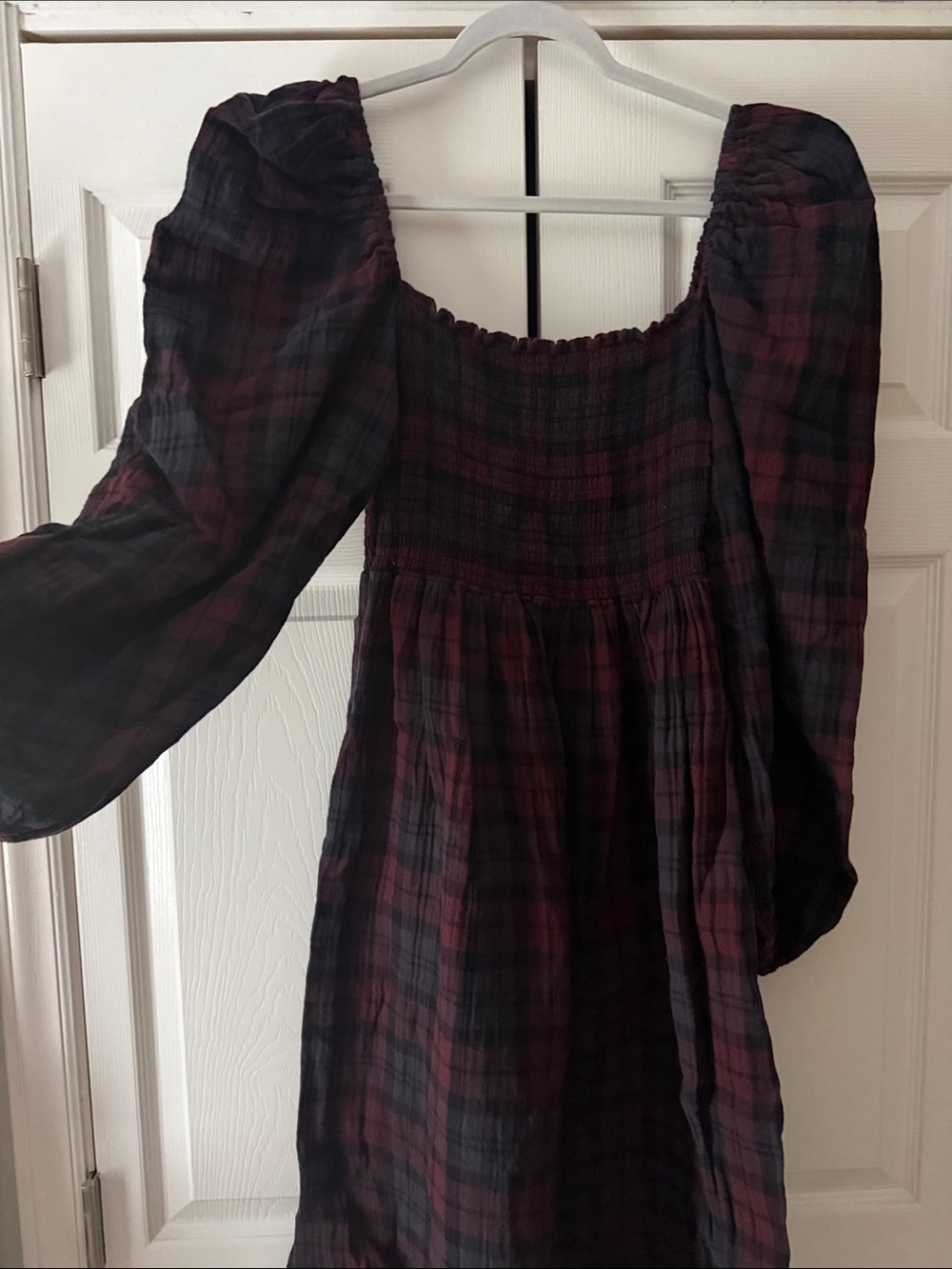 Smocked Square-Neck Plaid Casual Dress - Burgundy Black